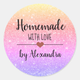 Homemade met liefde regenbooglitter script klassie ronde sticker