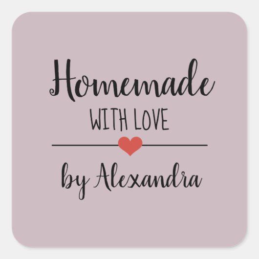 Homemade met liefdeslichte paarse scriptnaam vierkante sticker (Voorkant)