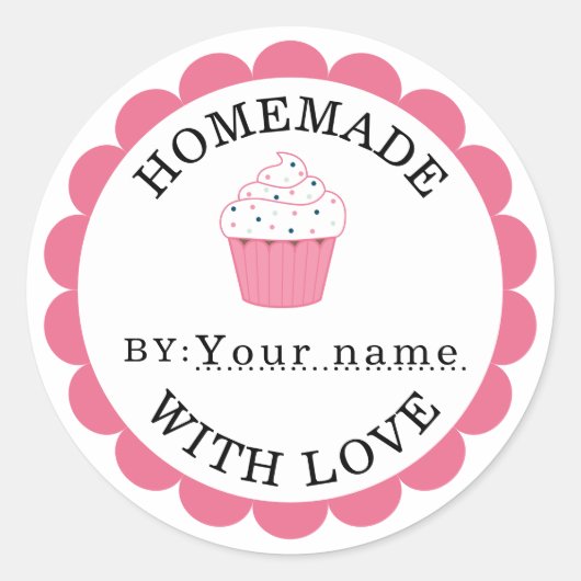 Homemade met liefdesroze cupcake ronde sticker (Voorkant)