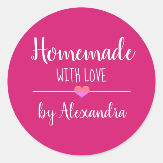 Homemade met liefdesroze witte scriptnaam ronde sticker (Voorkant)