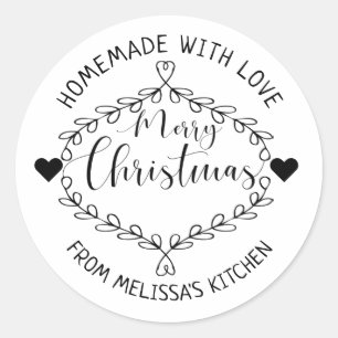 Homemade met liefdeszwart en witte prettige kerst ronde sticker