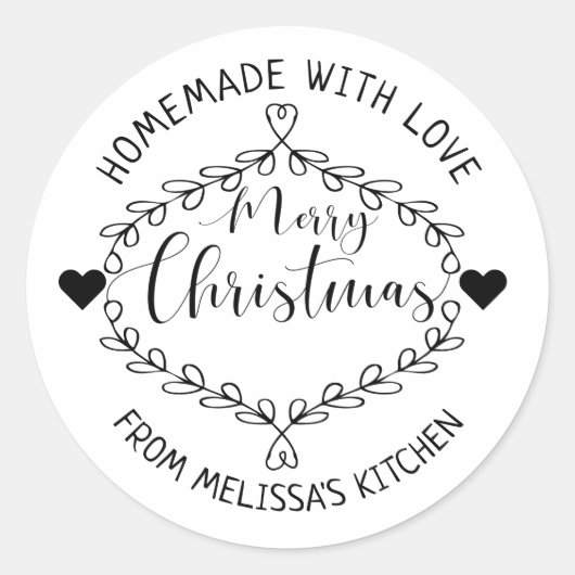 Homemade met liefdeszwart en witte prettige kerst ronde sticker (Voorkant)