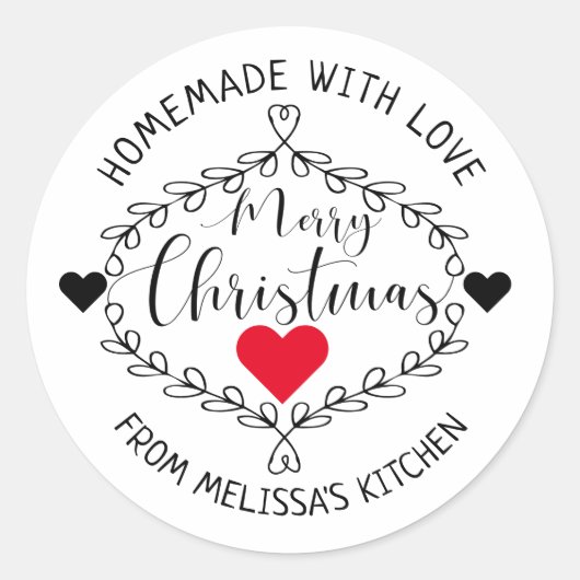 Homemade met liefdeszwart en witte prettige kerst ronde sticker (Voorkant)