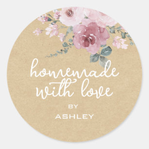 Homemade met Love Floral Roos Kraft Paper Cadeautj Ronde Sticker