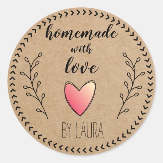 Homemade met Love Heart Kraft Paper Aanpassen Ronde Sticker (Voorkant)