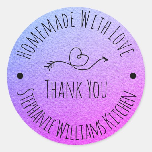 Homemade met Love | Paarse Waterverf Hartelijk dan Ronde Sticker (Voorkant)