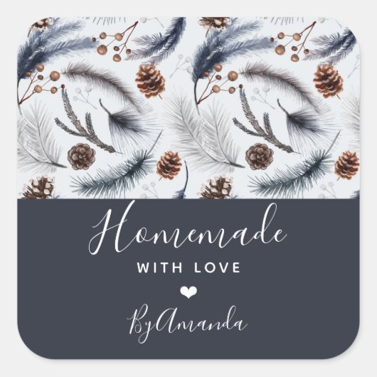 Homemade met Love Pine Cones Winter Pattern Vierkante Sticker (Voorkant)