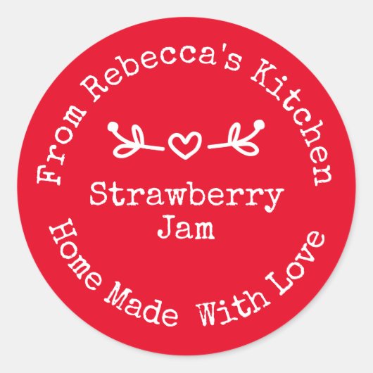 Homemade met Love Red | Aardbeien Jam Canning Ronde Sticker (Voorkant)