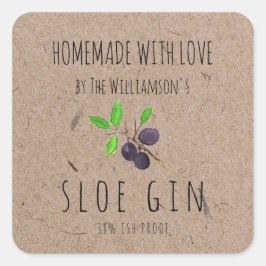 Homemade met Love Sloe Gin Kraft Paper Vierkante Sticker