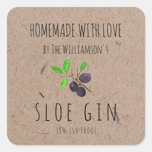 Homemade met Love Sloe Gin Kraft Paper Vierkante Sticker (Voorkant)