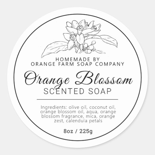 Homemade oranje blossom soap ingrediënt ronde sticker (Voorkant)