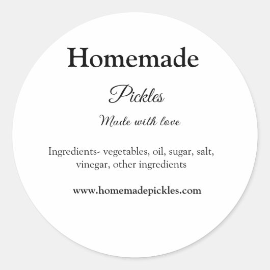 Homemade pickles gemaakt met liefde tekstwebsite t ronde sticker (Voorkant)