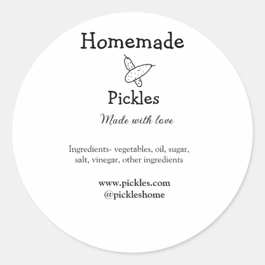 Homemade pickles gemaakt met liefde tekstwebsite t ronde sticker (Voorkant)