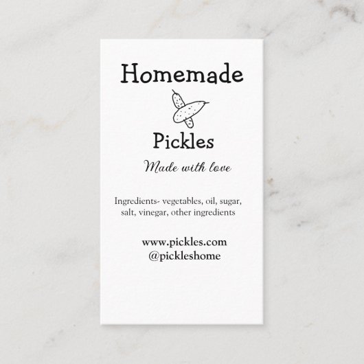 Homemade pickles gemaakt met liefde tekstwebsite t visitekaartje (Voorkant)