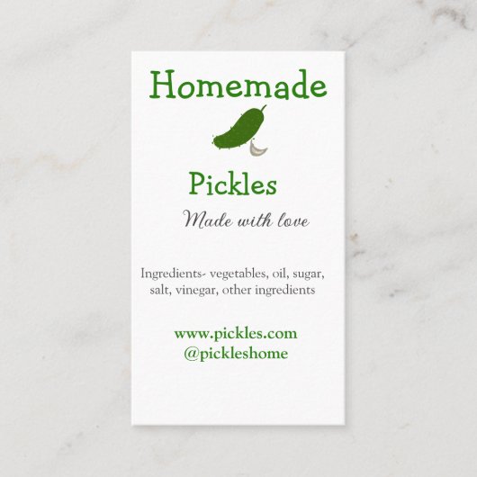 Homemade pickles gemaakt met liefde tekstwebsite t visitekaartje (Voorkant)