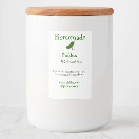 Homemade pickles gemaakt met liefde tekstwebsite t voedselcontainer etiket (Voorkant)