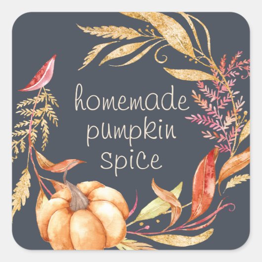 Homemade Pumpkin Spice Gold Foliage Dark Blue Vierkante Sticker (Voorkant)
