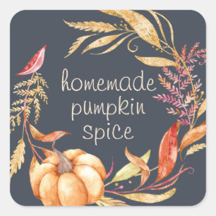 Homemade Pumpkin Spice Gold Foliage Dark Blue Vierkante Sticker