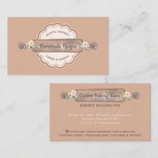 Homemade Recipes Bakery Rolling Pin Floral Visitekaartje (Voorkant / Achterkant)