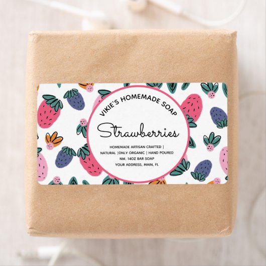 Homemade Soap Business Strawberries Patroon Etiket (Insitu)