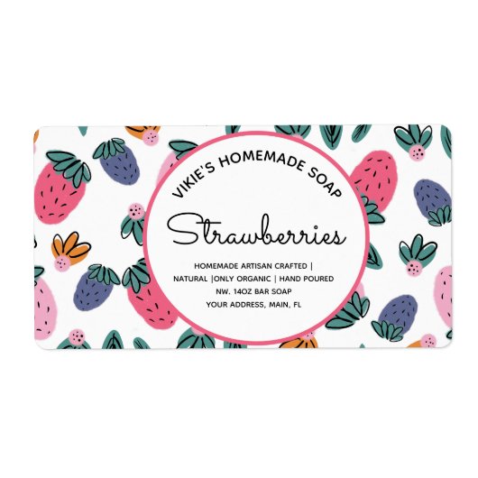Homemade Soap Business Strawberries Patroon Etiket (Voorkant)