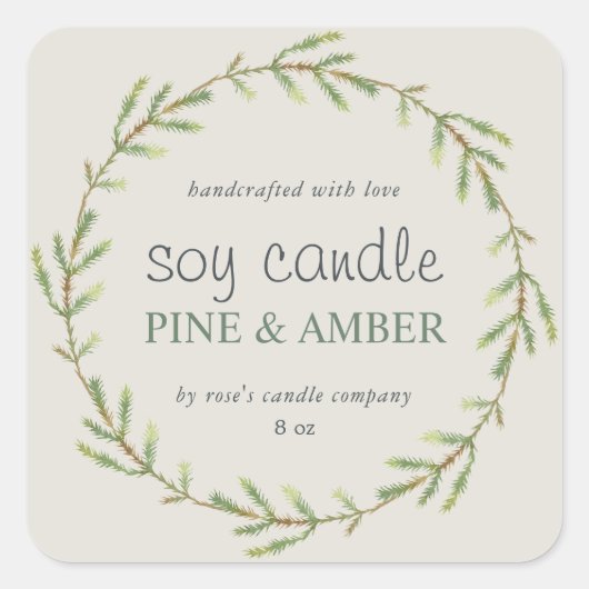 Homemade Soy Candle Pine Sprig Custom Gray Classic Vierkante Sticker (Voorkant)