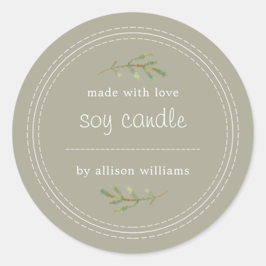 Homemade Soy Candle Pine Sprig schrijft op grijs Ronde Sticker (Voorkant)