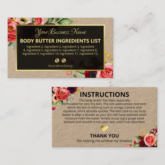 Homemade Spa Ingredients Instructions Visitekaartje (Voorkant / Achterkant)