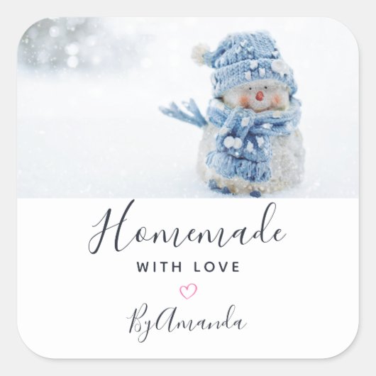 Homemade with Love Foto van een Cute Snowman Vierkante Sticker (Voorkant)