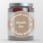 Homemade with Love | Pink Heart Jam Canning Kraft Ronde Sticker<br><div class="desc">Simple stylish template canning label for your homemade jams, jellies, chutneys or other homemade goodies made with love. The design features a simple white border and twin pink heart detail on a kraft paper style background for a rustic look. The text in modern minimalist typography can easily be personalized with...</div>