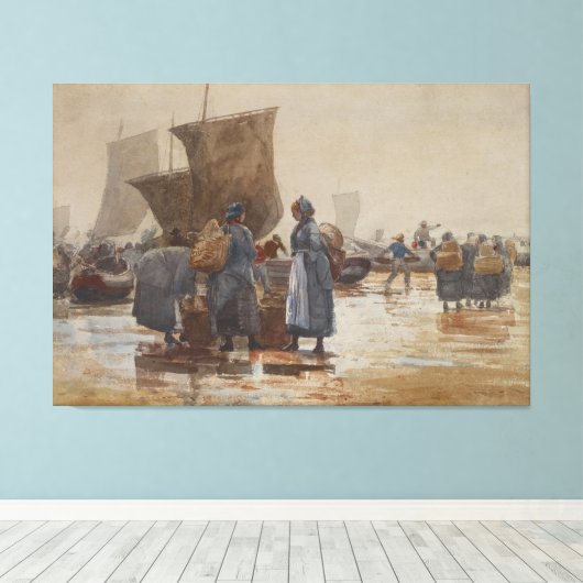 Homer Fisherfolk on Beach at Cullercoats Canvas Afdruk (Insitu (Houten vloer))