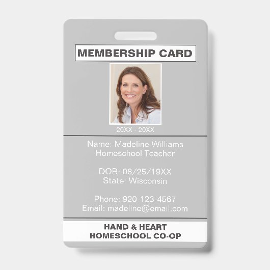 Homeschool CO-OP Lidmaatschap Grey Ouder ID Badge (Voorzijde)