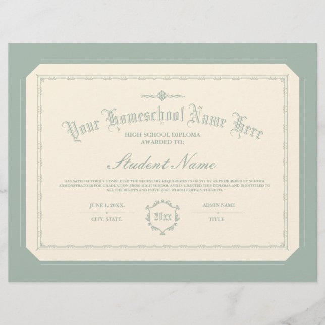 Homeschool Diploma Traditioneel Zacht Groen (Voorkant)