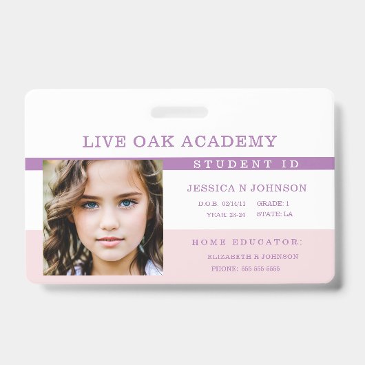 Homeschool Student ID Badge | Kalmerende lavendel (Voorzijde)