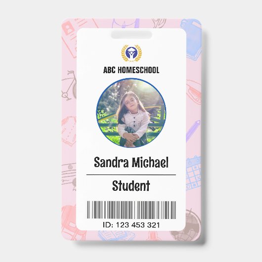 Homeschool Student ID-badge, kinderfoto en barcode Badge (Voorkant)