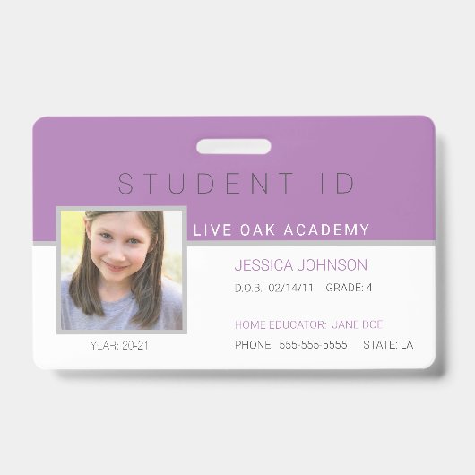Homeschool Student ID Badge | Modern Paarse (Voorzijde)