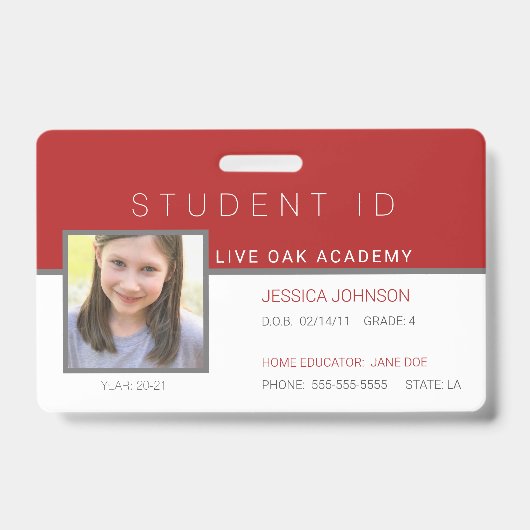 Homeschool Student ID Badge - Modern rood (Voorzijde)