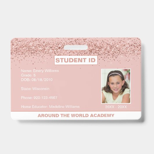 Homeschool Student ID Roos Gold Glitter Badge (Front)