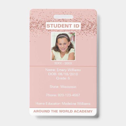 Homeschool Student ID Roze Goud Glitter Badge (Voorzijde)