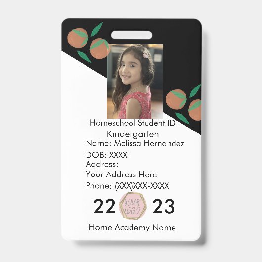 Homeschooling School ID Sinaasappels Foto Badge (Voorzijde)