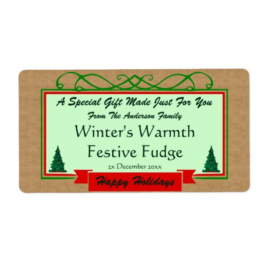 Homespun Burlap met Holiday Trees met geschetste c Etiket (Voorkant)