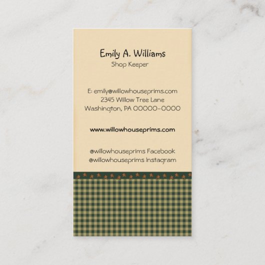 Homespun Gingham Willow Tree Primitive Country Visitekaartje (Achterkant)