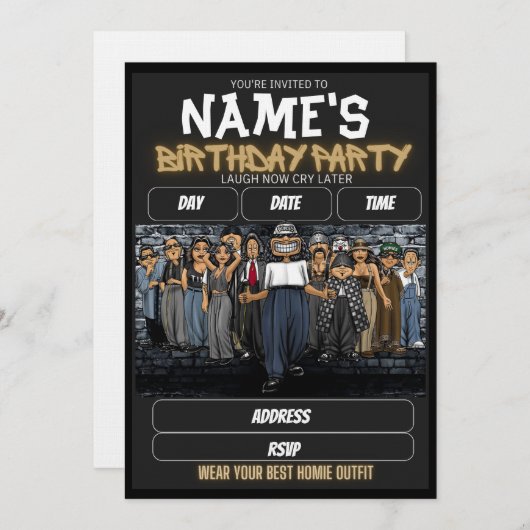 Homies Birthday Invitation, 90s nostalgia Kaart (Voorkant / Achterkant)