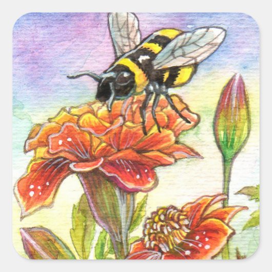 hommel en goudsbloem vierkante sticker (Voorkant)