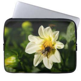 Hommel en witte dahlia foto laptop sleeve