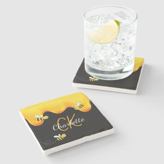 Hommel honing druipende monogram zwart goud stenen onderzetter (Zijkant)