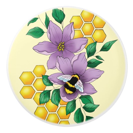 Hommel Lavendel Bloemen Geel Keramische Knop (Voorkant)