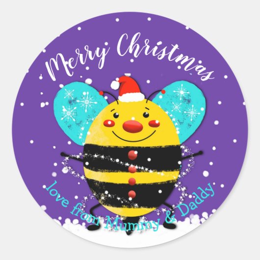 hommel met kerstcadeautje met een smakelijk cadeau ronde sticker (Voorkant)