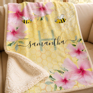 Hommel roze bloemen geel honingraat monogram sherpa deken