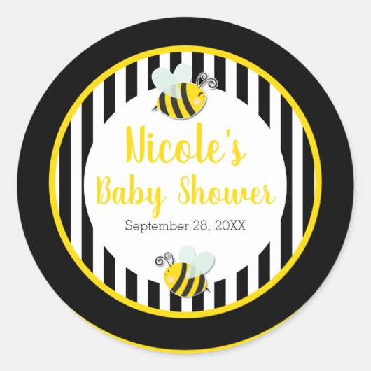 Hommel Zwart Wit Geel Bij Thema Baby Shower Ronde Sticker (Voorkant)